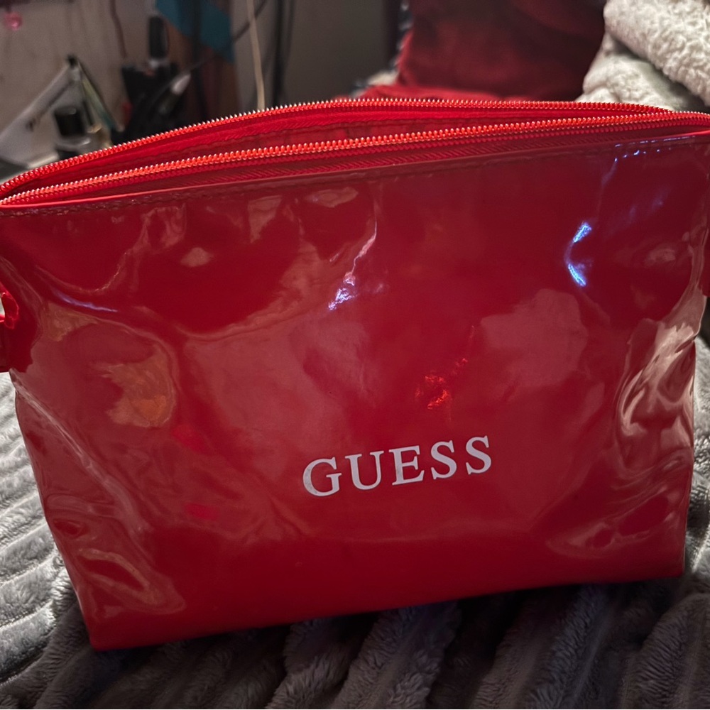 GUESS Red Patent Cosmetic Case with White Logo
